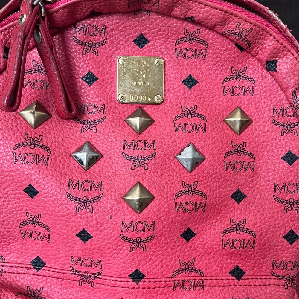MCM Pink/Coral Logo Studded Backpack - Picture 2 of 16